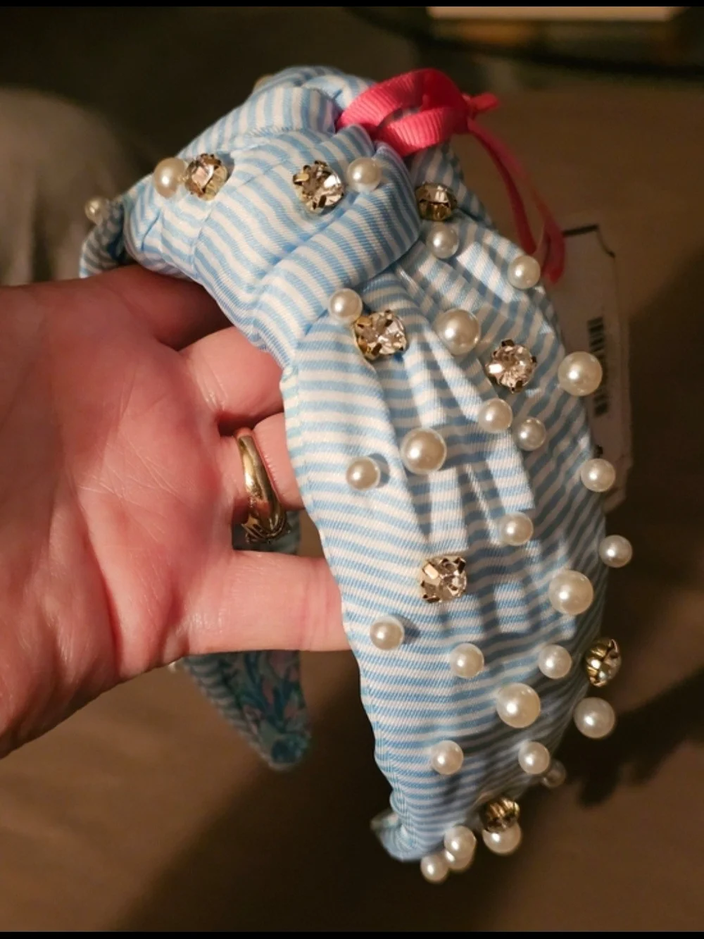 Lilly Pulitzer Light Blue & White Striped Pearl and Gem Knotted Headband